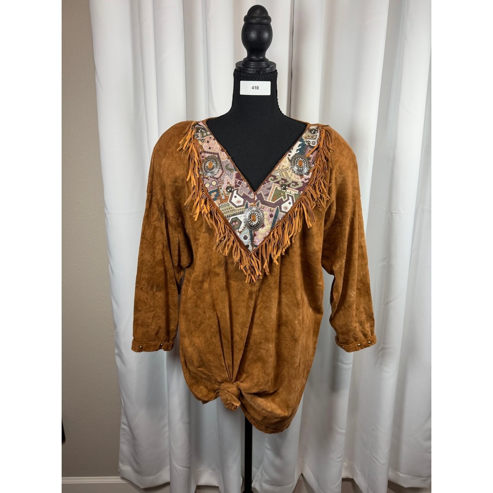 Vintage BOZS Southwest Fringe Concho V-Neck Top Brown Cotton OSFM Made in USA